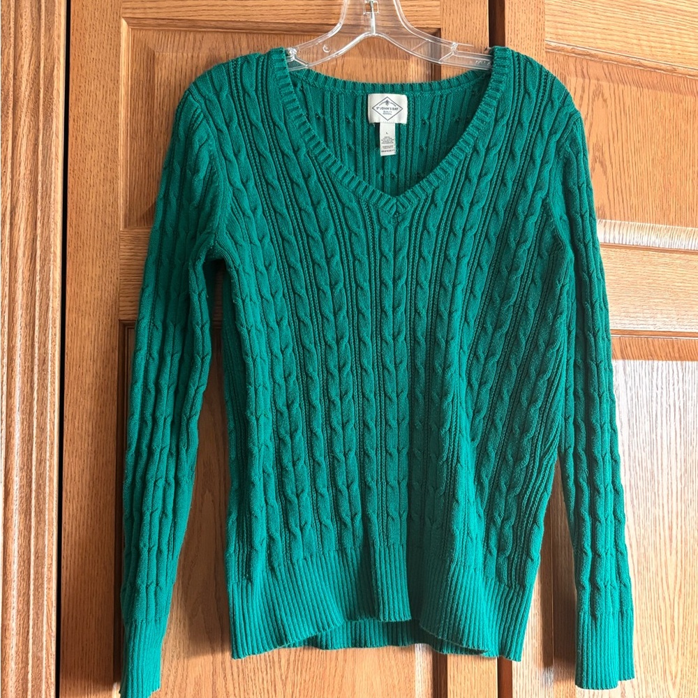 St. John's Bay Vibran Green V-Neck Cable Knit Sweater L